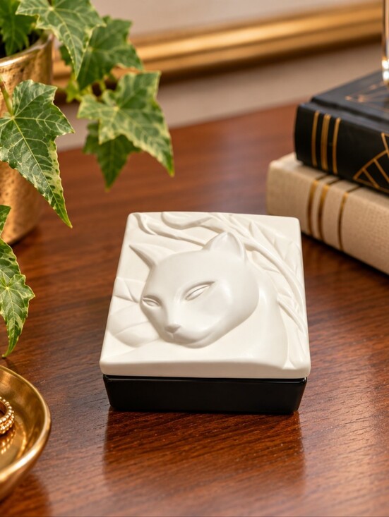 Hallmark Other - Hallmark Vintage Sculpted White Cat Porcelain Trinket Box - Art Deco